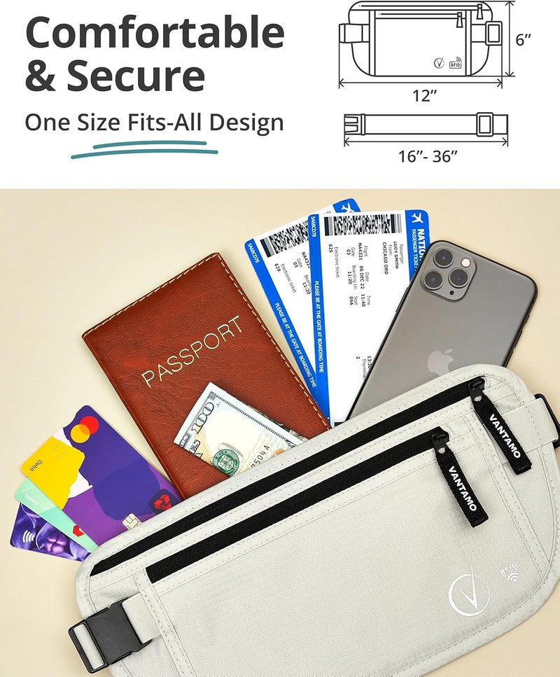 Vantamo Money Belt with RFID For Men & Women, Hidden Passport Holder for Travel, 2 Compartment Travel Fanny Pack for Women Anti Theft - Image 4